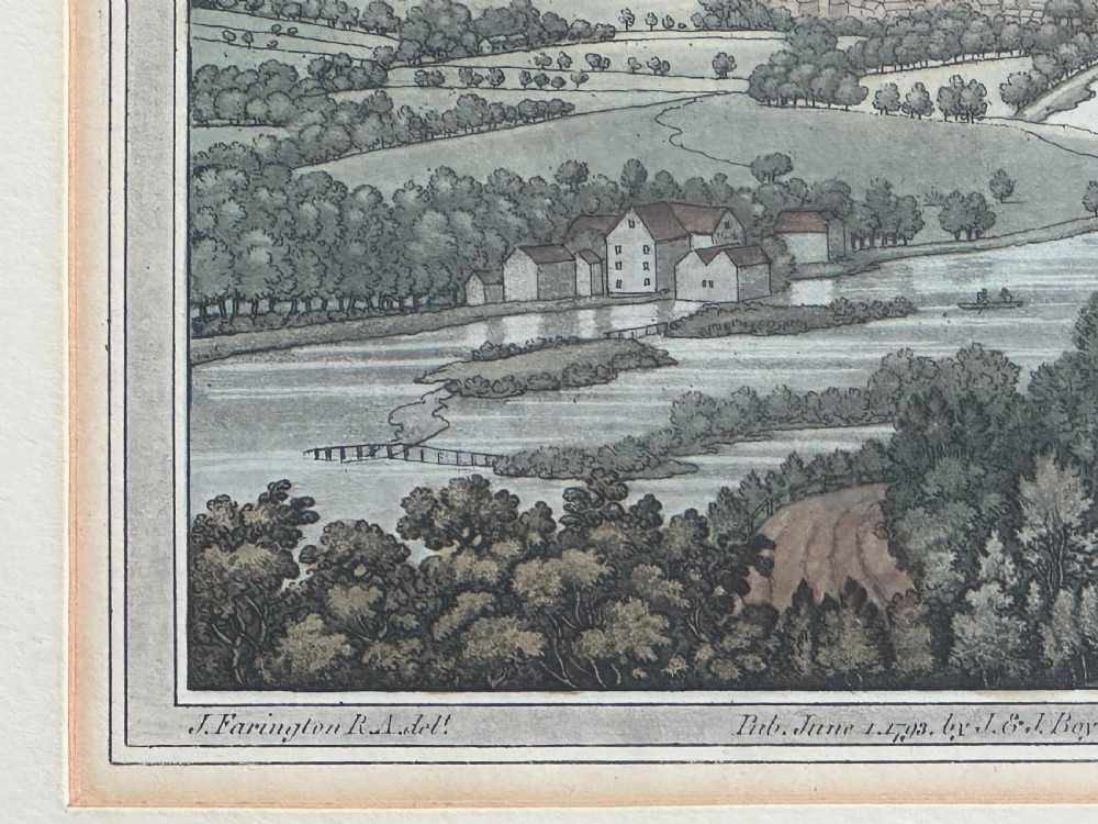 An eighteenth-century hand-coloured aquatint print illustrating a river landscape view of Henley with a faint rainbow across a cloudy sky. View III