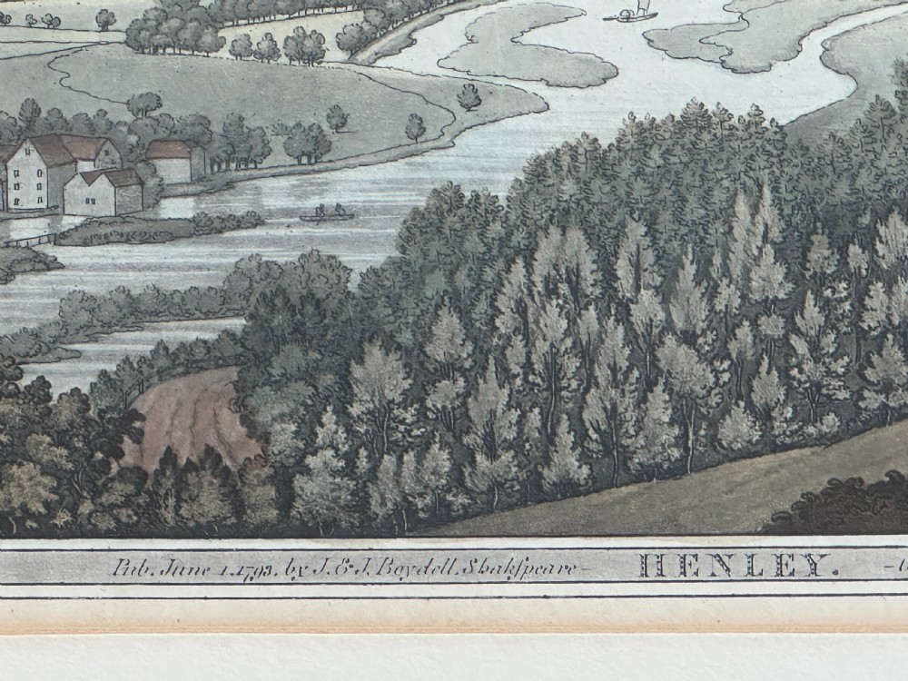 An eighteenth-century hand-coloured aquatint print illustrating a river landscape view of Henley with a faint rainbow across a cloudy sky. View IV