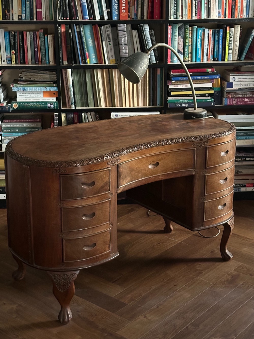 An Anglo Indian solid walnut kidney-shaped desk, possibly Kashmir. 1920's View XVIII