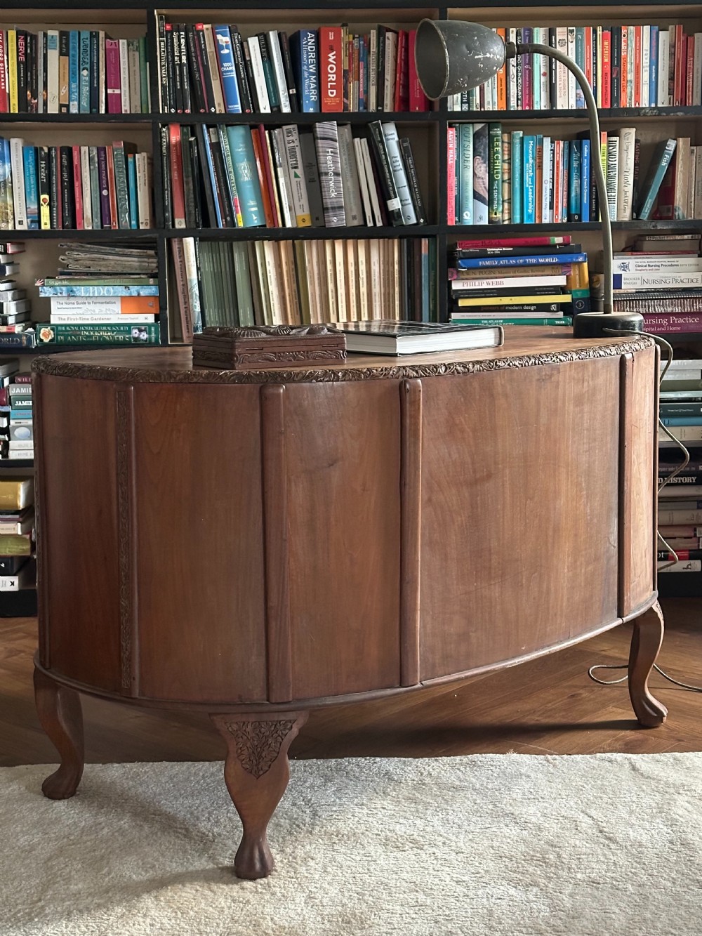 An Anglo Indian solid walnut kidney-shaped desk, possibly Kashmir. 1920's View V