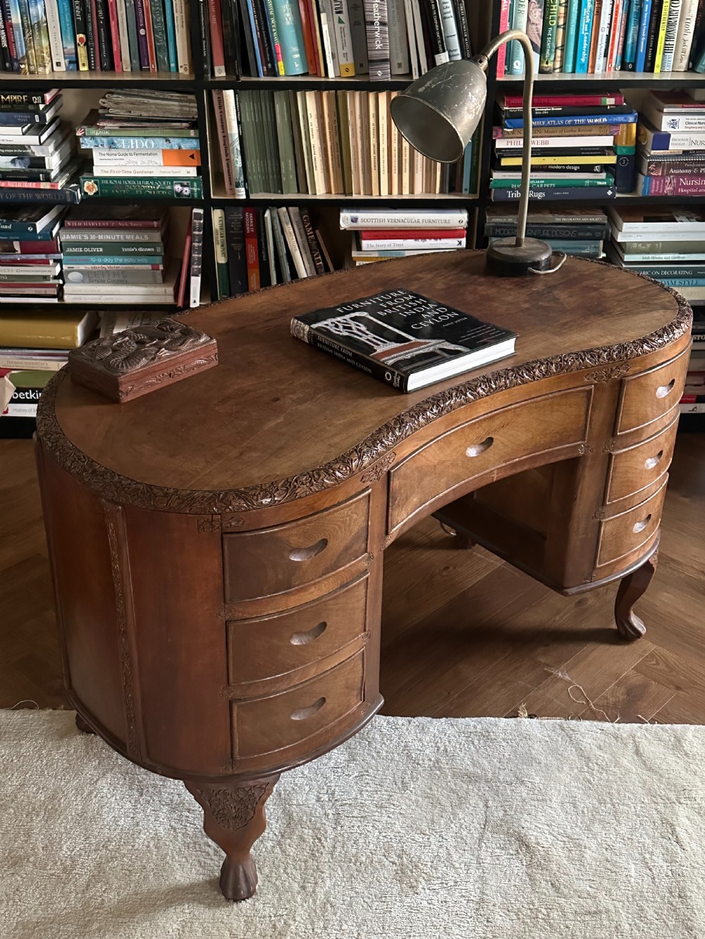 An Anglo Indian solid walnut kidney-shaped desk, possibly Kashmir. 1920's View VIII