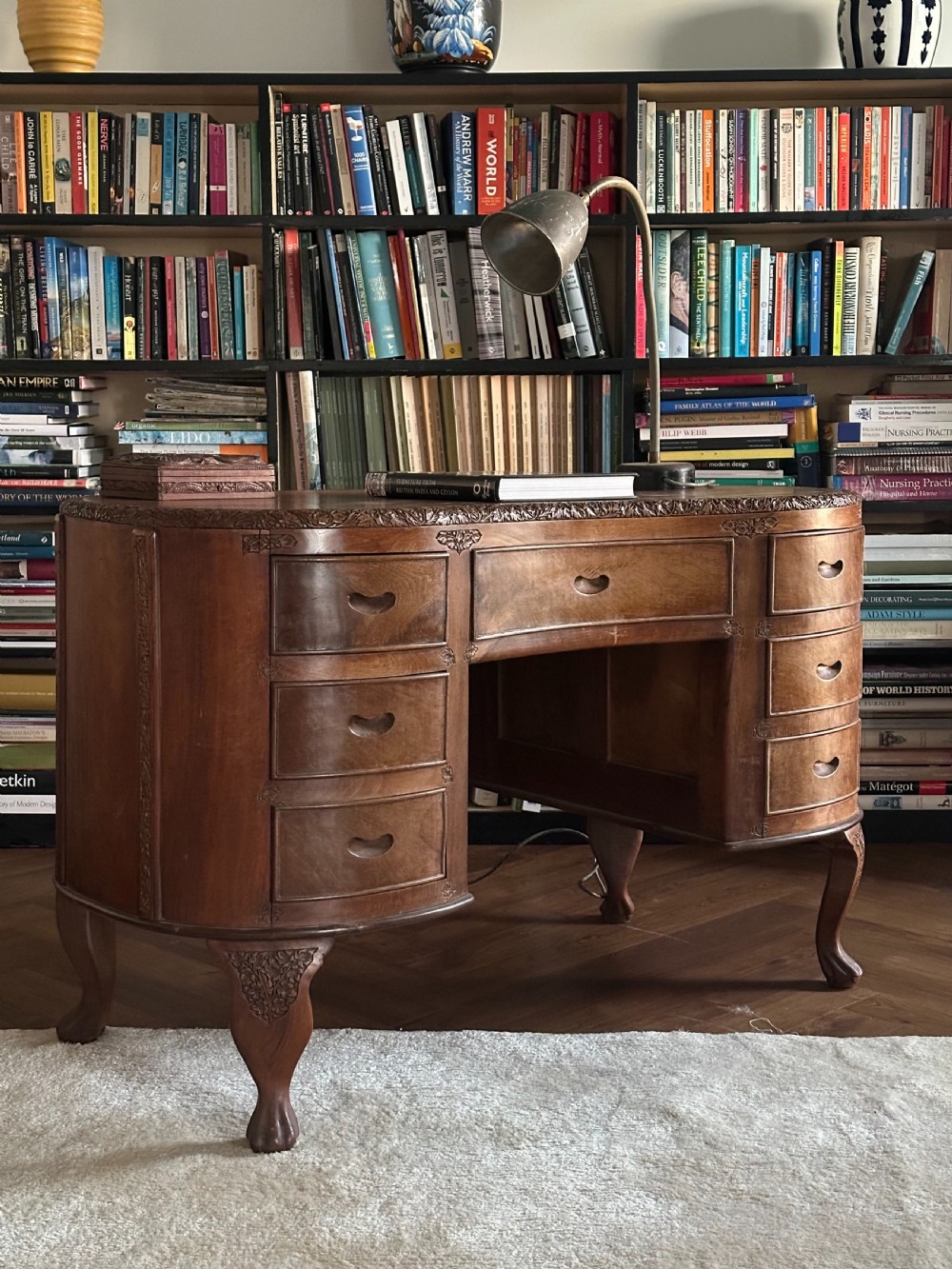 An Anglo Indian solid walnut kidney-shaped desk, possibly Kashmir. 1920's View IX