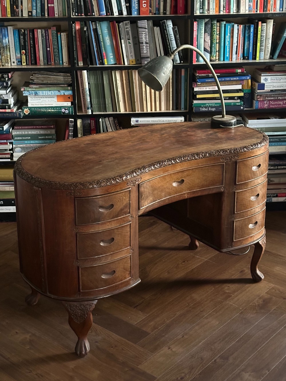 An Anglo Indian solid walnut kidney-shaped desk, possibly Kashmir. 1920's View XI