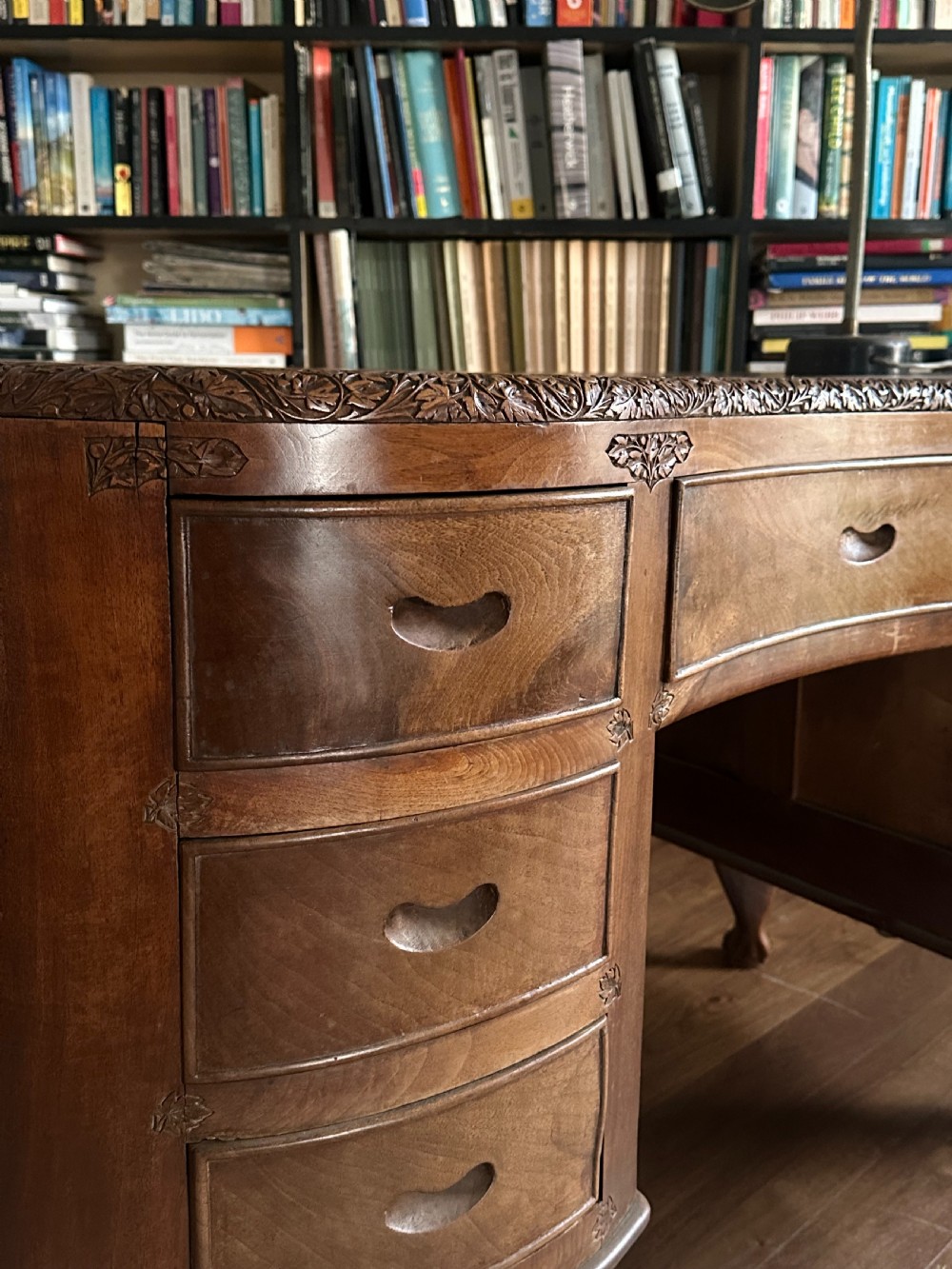 An Anglo Indian solid walnut kidney-shaped desk, possibly Kashmir. 1920's View XVII