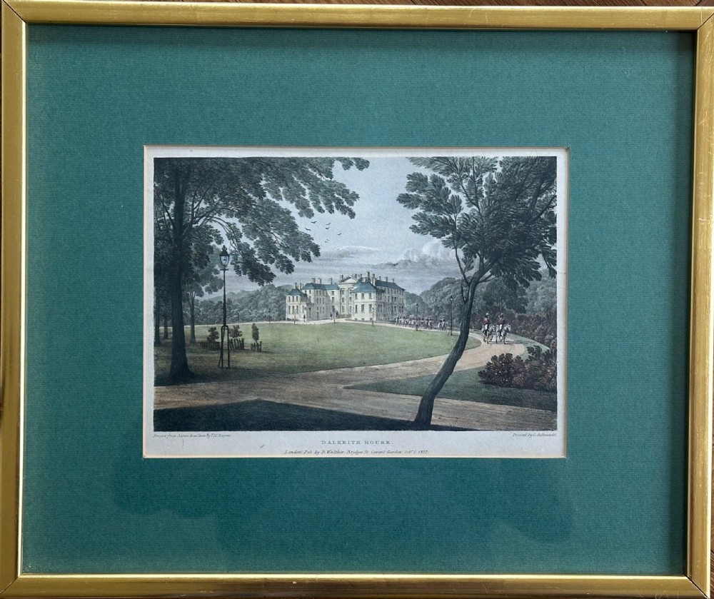 A 19th-century framed coloured lithograph depicting Dalkeith House in a landscape setting, set within a dark green mount and a gold gilt frame.