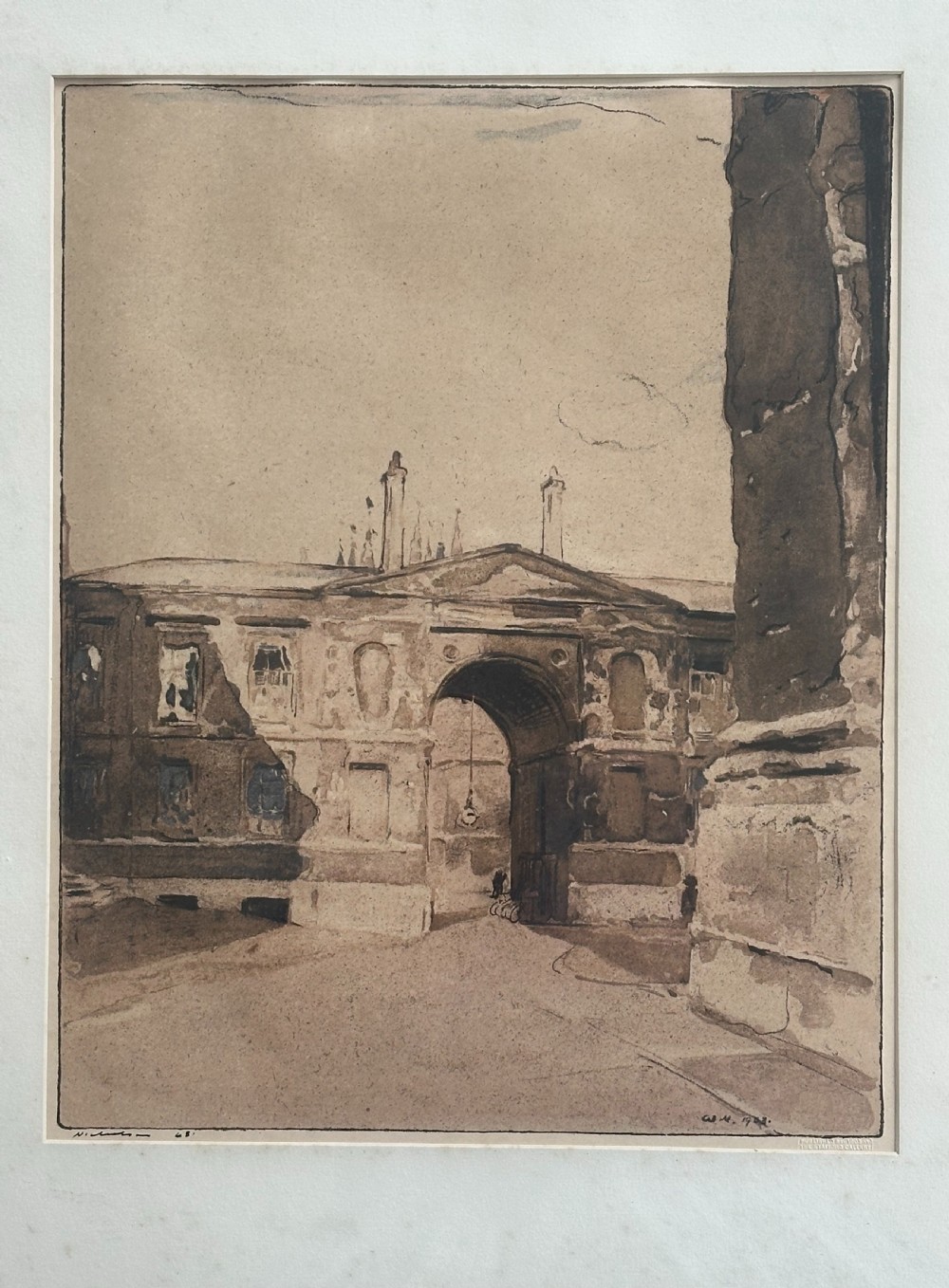 A sepia-toned Edwardian architectural print depicting the arched entrance and classical facade of Christ Church College, Oxford.