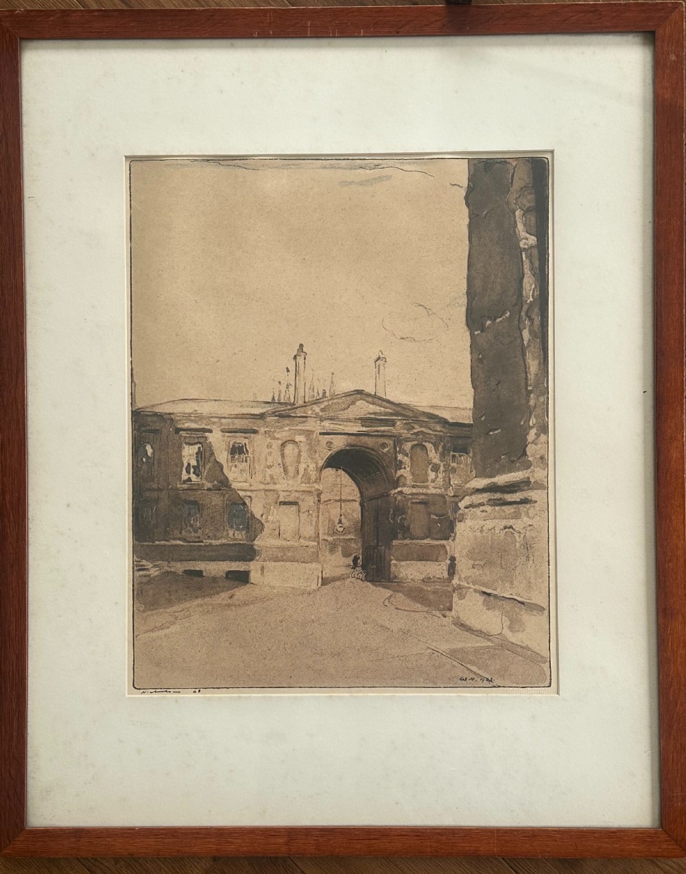 A sepia-toned Edwardian architectural print depicting the arched entrance and classical facade of Christ Church College, Oxford. View II