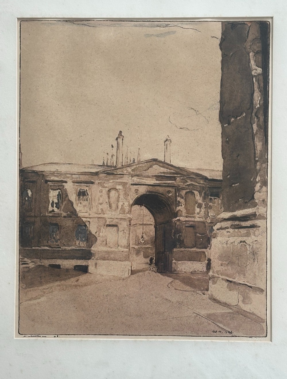 A sepia-toned Edwardian architectural print depicting the arched entrance and classical facade of Christ Church College, Oxford. View V