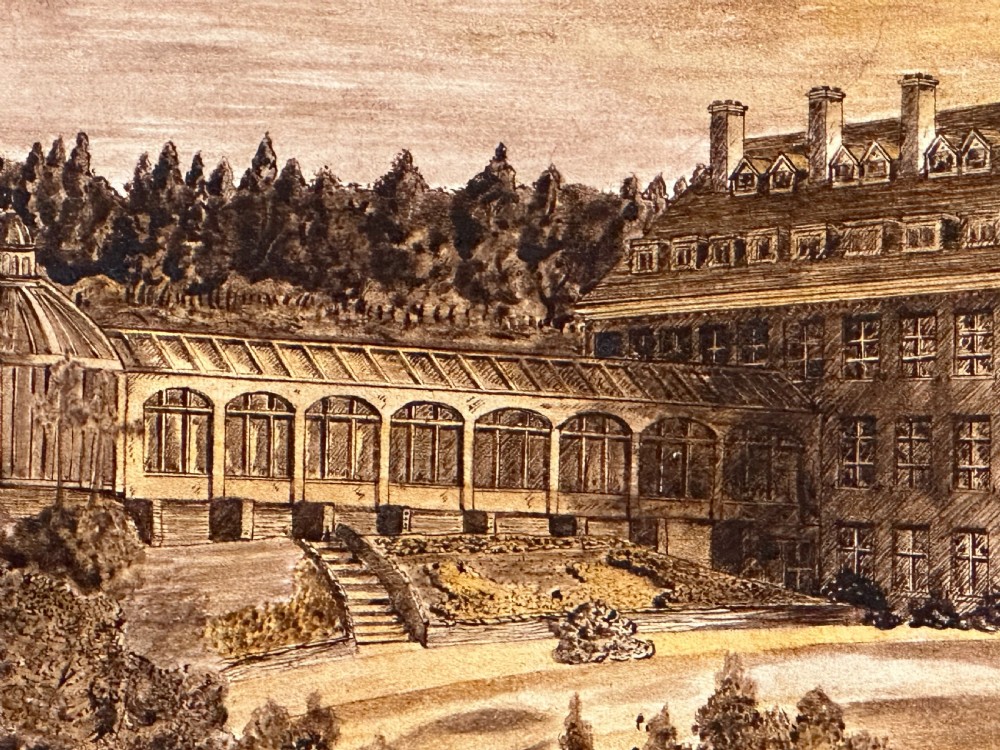 A sepia-toned wooden marquetry panel illustrating the architectural facade of Peebles Hydro surrounded by trees and grounds. View III