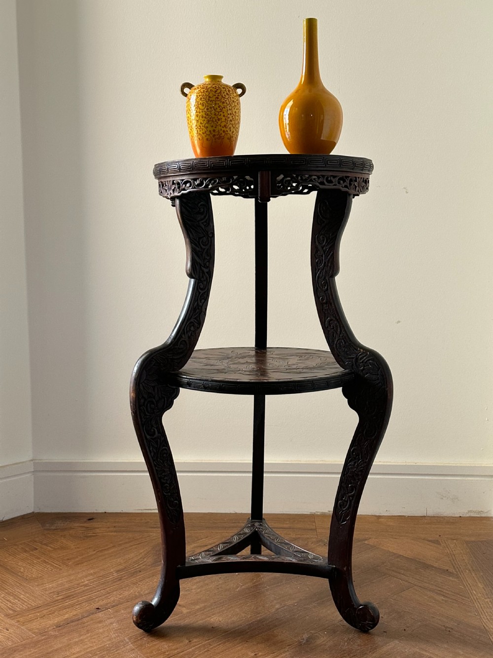 A Japanese Export carved two tier vase stand, Meiji Era View VIII