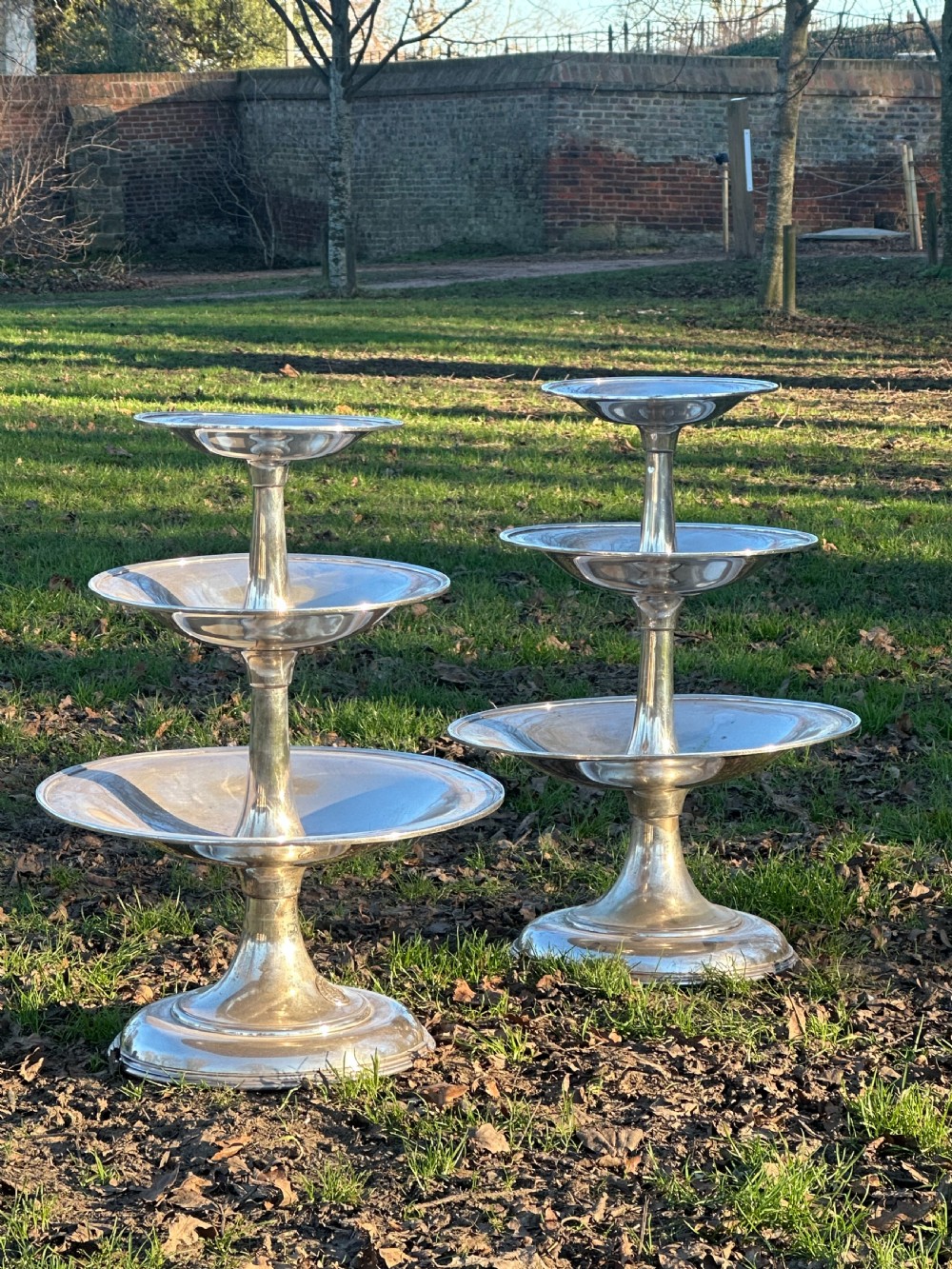 A striking pair of American silver-plated three tier stands by R. Wallace, Connecticut for use on the ocean liner SS Leviathan, c.1923