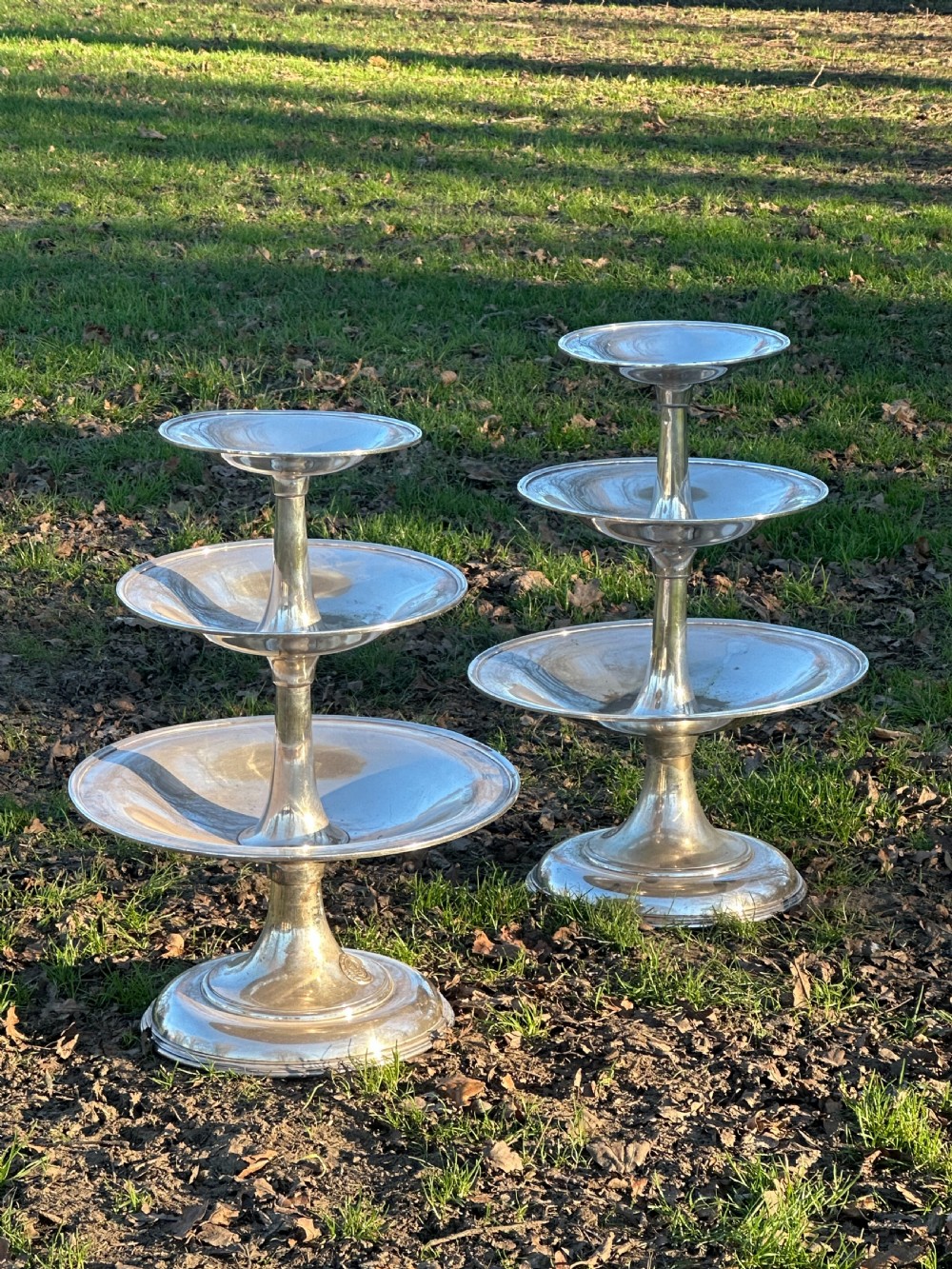 A striking pair of American silver-plated three tier stands by R. Wallace, Connecticut for use on the ocean liner SS Leviathan, c.1923 View II