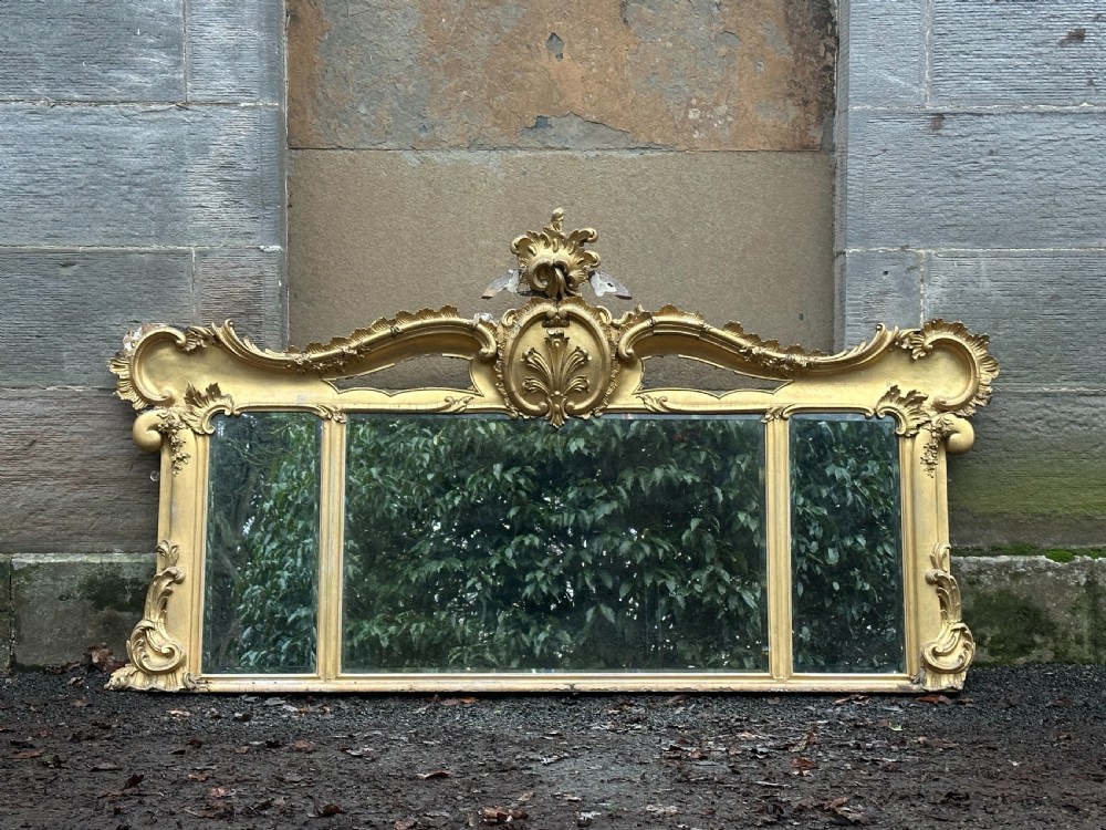 A wide 19th-century gilded gesso overmantel mirror featuring a three-panel glass design and ornate acanthus leaf cresting.