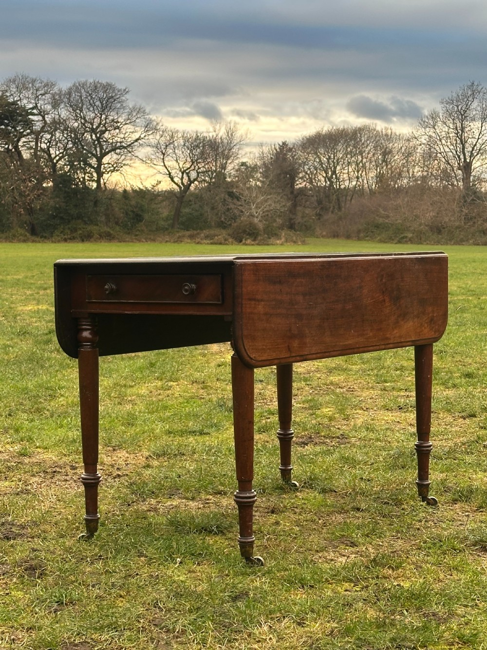 A Scottish Regency dark mahogany dining table featuring turned legs ending in brass castors and an integrated end drawer. View VII