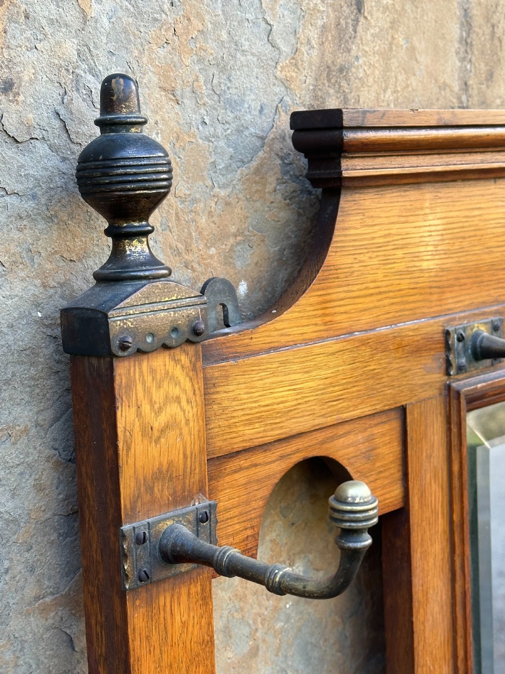Attributed to James Shoolbred, an Aesthetic Movement oak and brass-mounted hall rack View V