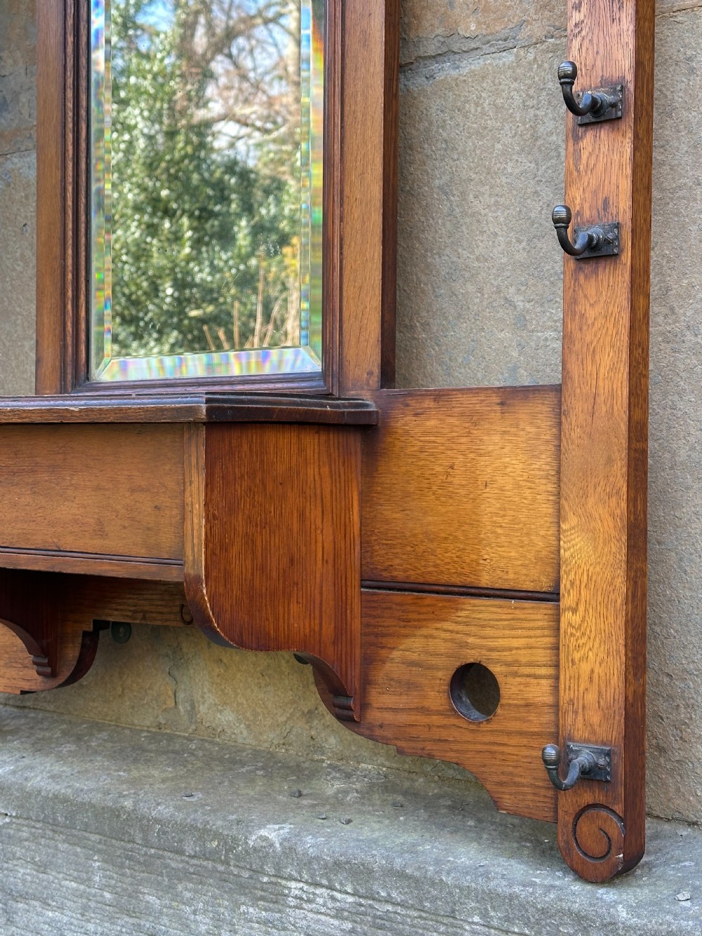 Attributed to James Shoolbred, an Aesthetic Movement oak and brass-mounted hall rack View VI