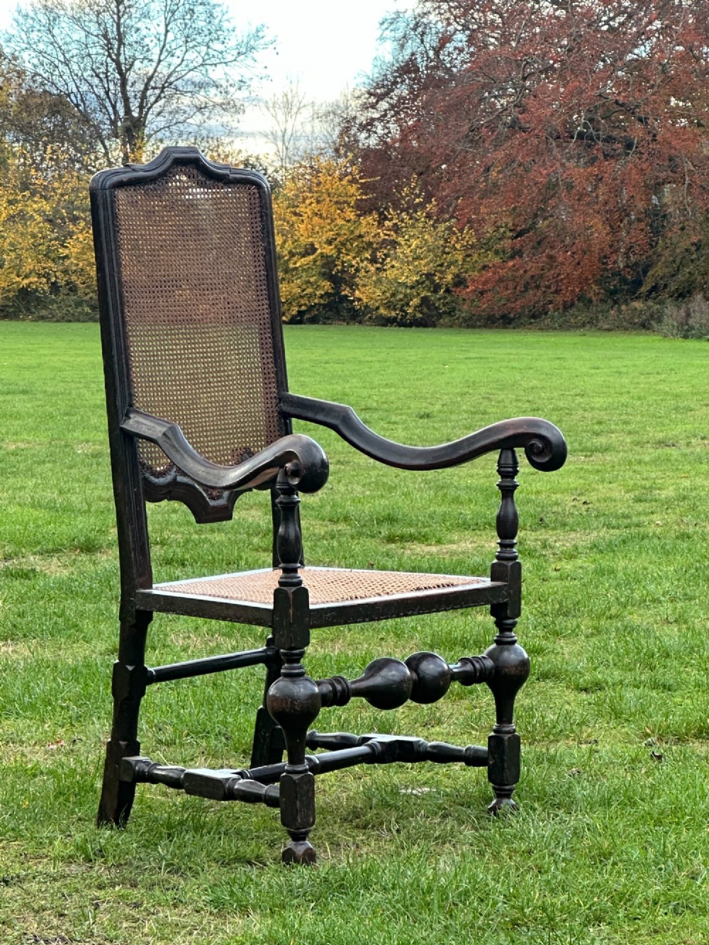 A dark painted walnut open armchair featuring a high woven cane back panel, scrolled arms, a cane seat, and bulbous turned stretchers. View II