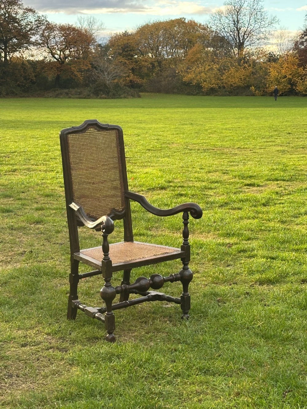 A dark painted walnut open armchair featuring a high woven cane back panel, scrolled arms, a cane seat, and bulbous turned stretchers. View VIII