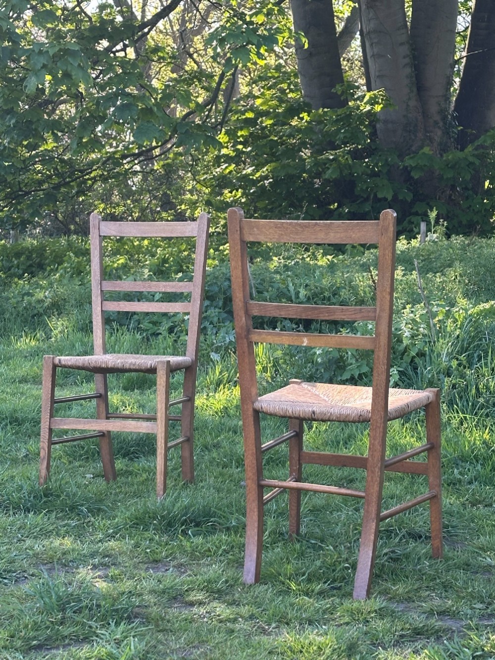 A pair of Arts and Crafts oak and rush seated chairs in the manner of Heals View II