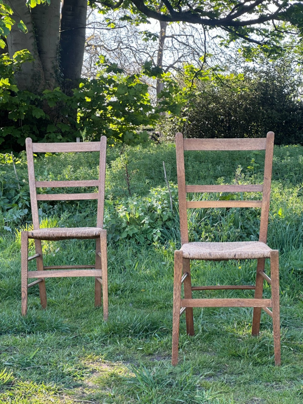 A pair of Arts and Crafts oak and rush seated chairs in the manner of Heals View IV