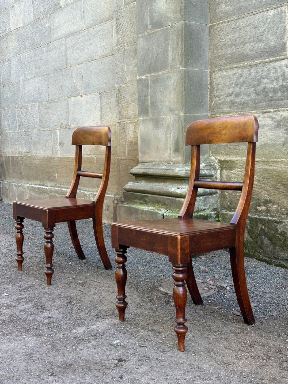 A set of four Victorian birch side chairs featuring curved top rails, turned front legs, and solid timber seats. View XI