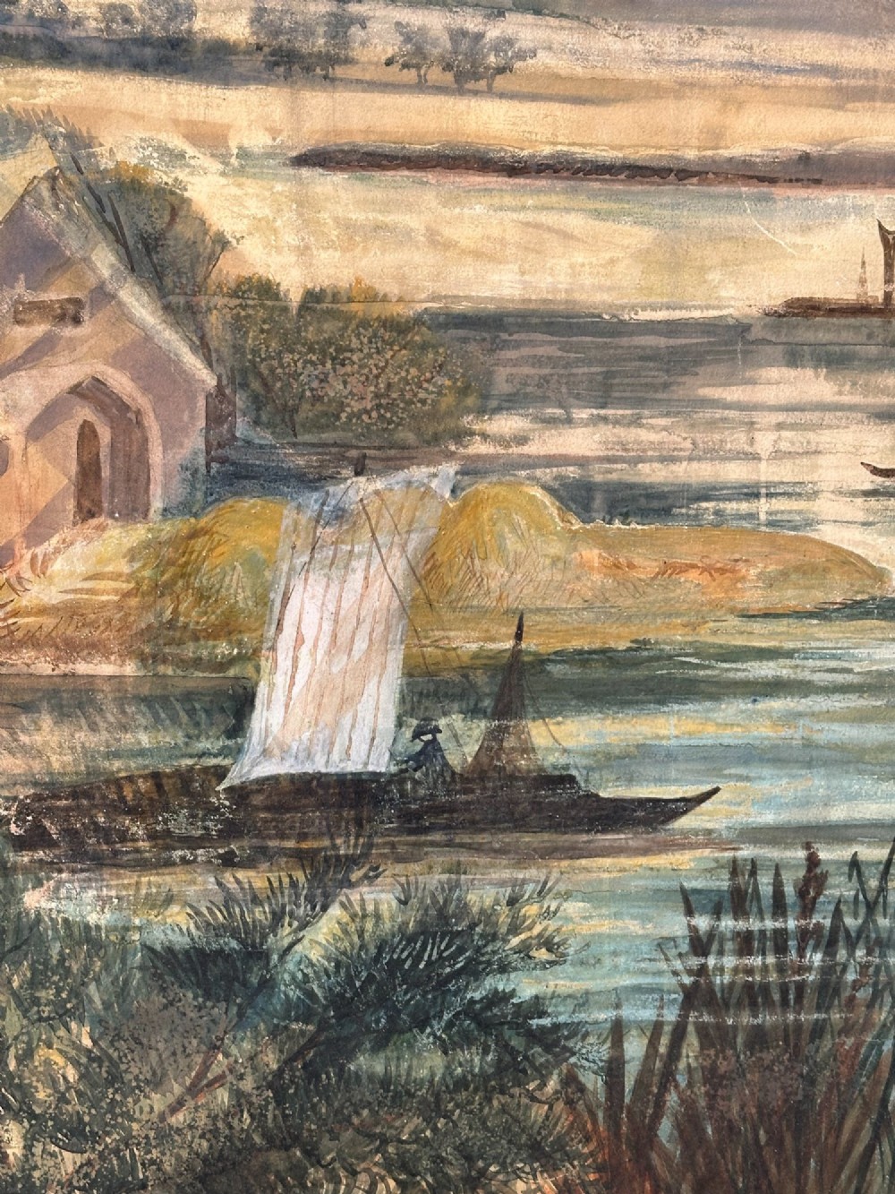 A late nineteenth-century two-panel folding screen featuring hand-painted Japanese coastal and mountainous landscapes framed in dark wood. View III