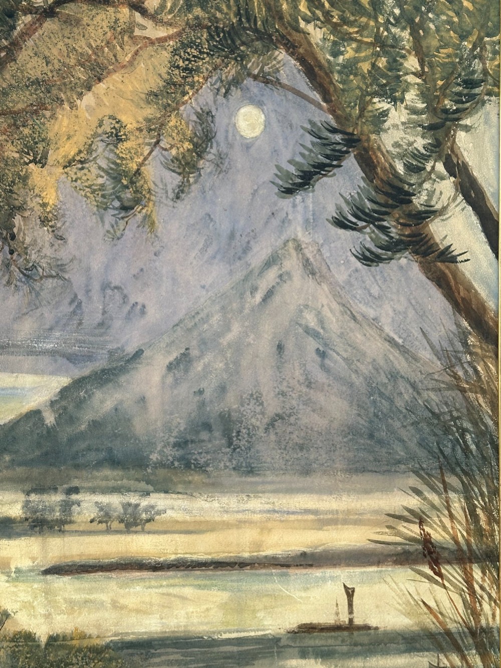 A late nineteenth-century two-panel folding screen featuring hand-painted Japanese coastal and mountainous landscapes framed in dark wood. View IV