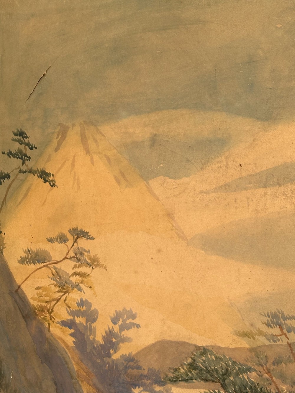 A late nineteenth-century two-panel folding screen featuring hand-painted Japanese coastal and mountainous landscapes framed in dark wood. View V