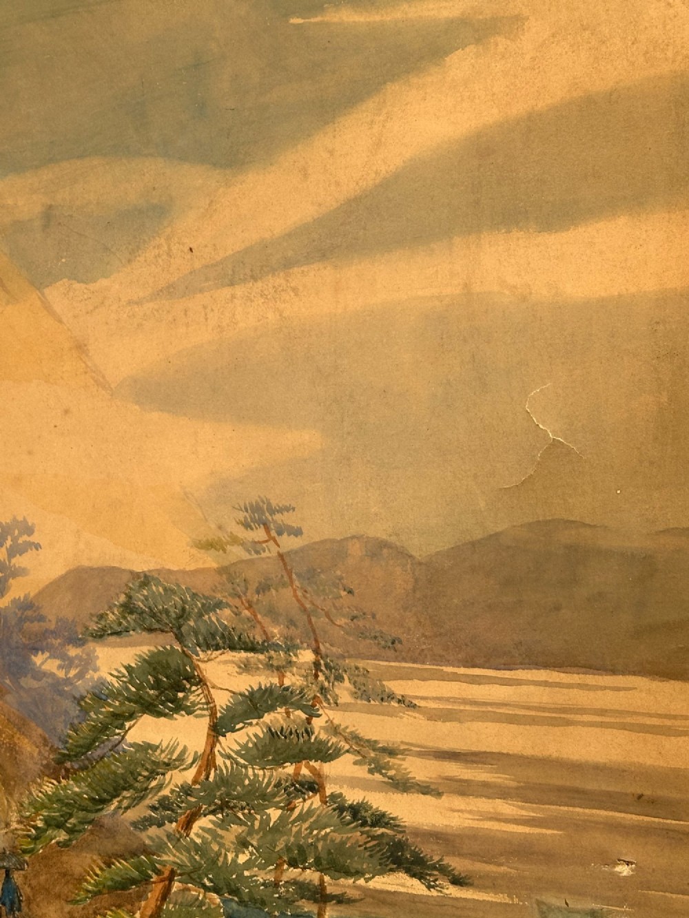 A late nineteenth-century two-panel folding screen featuring hand-painted Japanese coastal and mountainous landscapes framed in dark wood. View VI