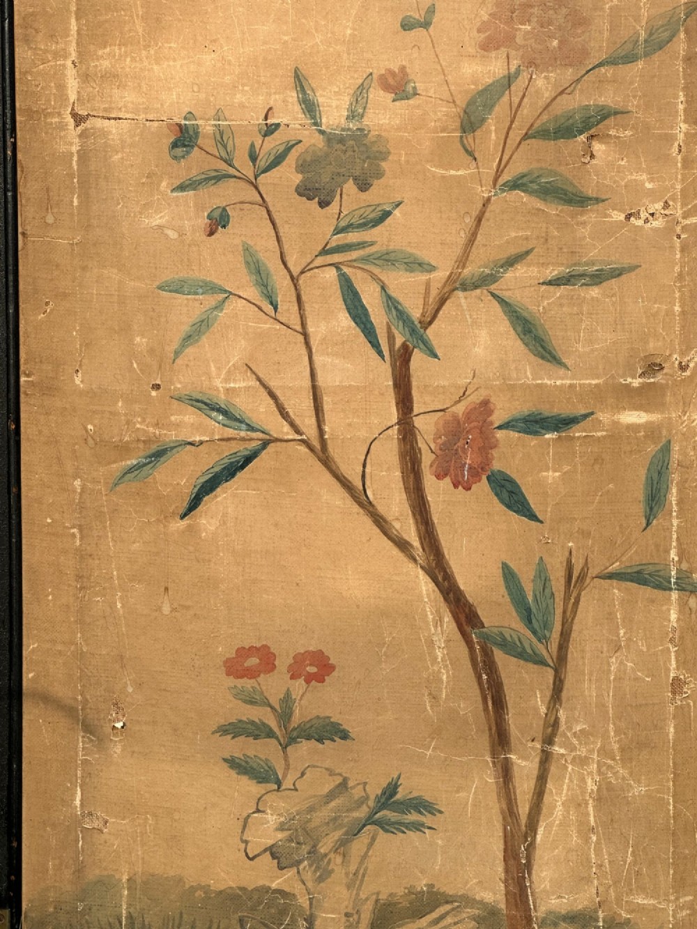 A late nineteenth-century two-panel folding screen featuring hand-painted Japanese coastal and mountainous landscapes framed in dark wood. View VII