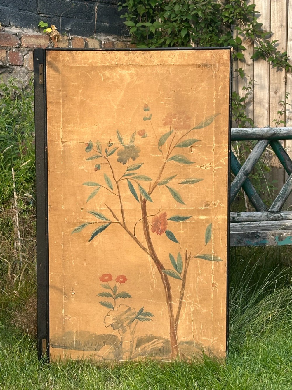 A late nineteenth-century two-panel folding screen featuring hand-painted Japanese coastal and mountainous landscapes framed in dark wood. View VIII