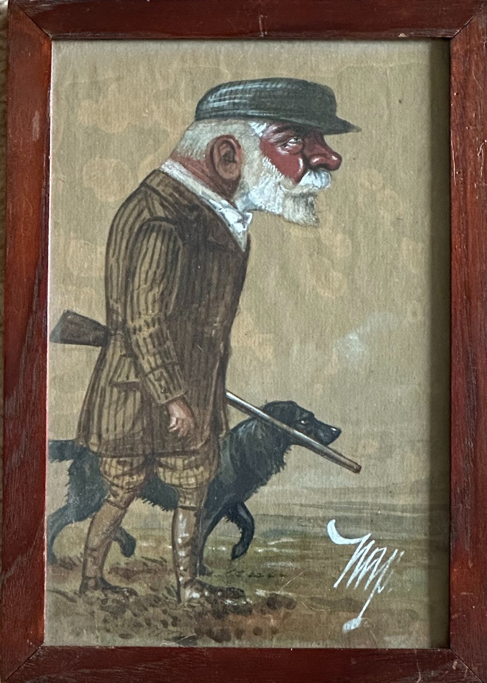 A framed 1917 caricature drawing on paper depicting a profile view of a gentleman in a flat cap holding a hand fan. View II