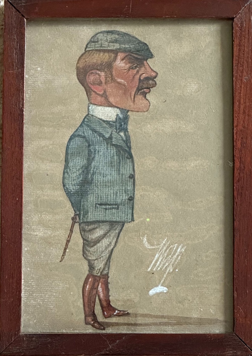 A framed 1917 caricature drawing on paper depicting a profile view of a gentleman in a flat cap holding a hand fan. View III