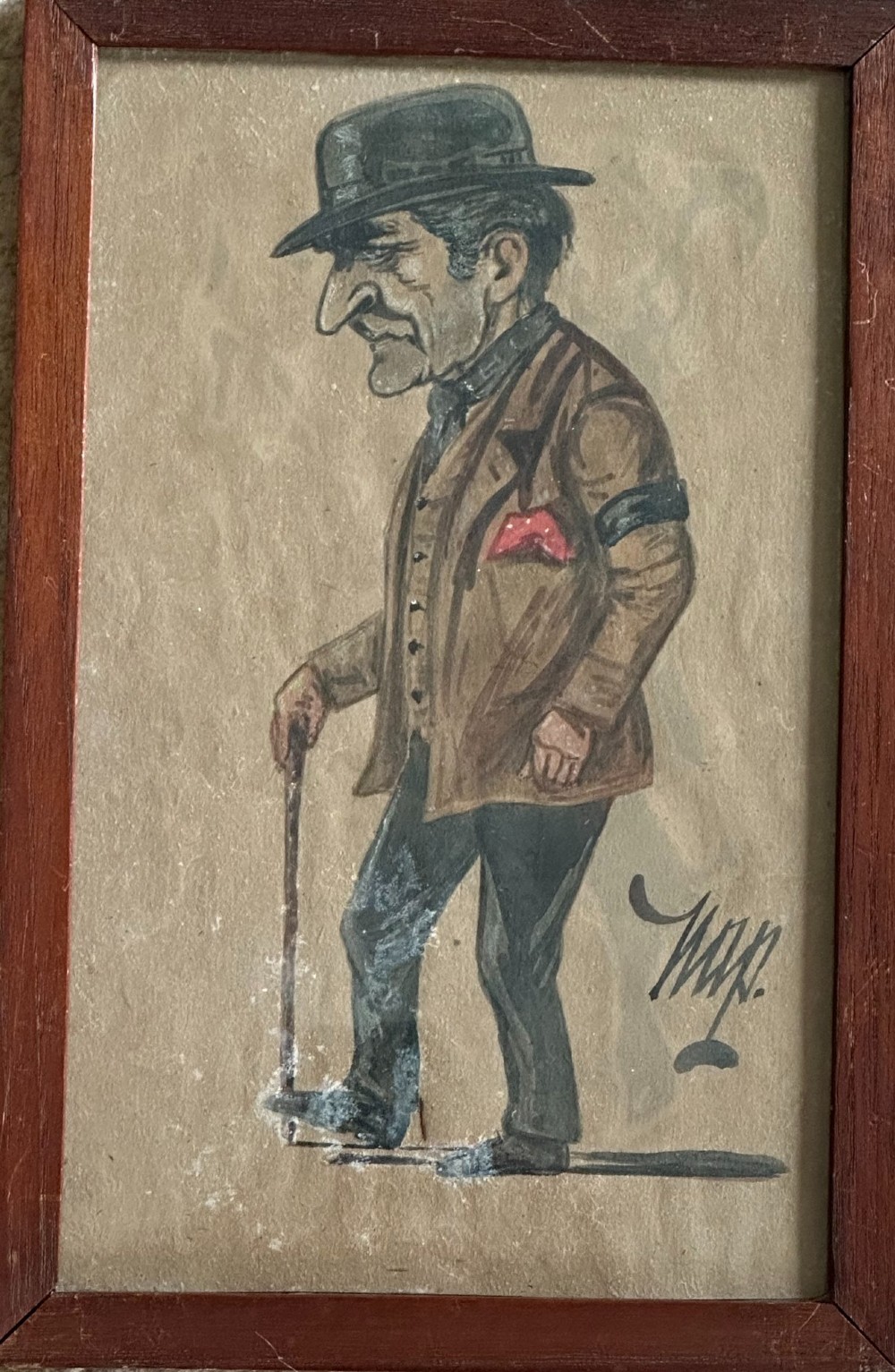 A framed 1917 caricature drawing on paper depicting a profile view of a gentleman in a flat cap holding a hand fan. View IV