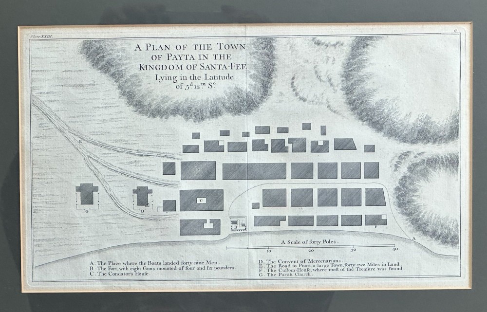 An 18th-century black and white copperplate engraving detailing an architectural grid plan of the town of Payta with a lettered legend at the base.