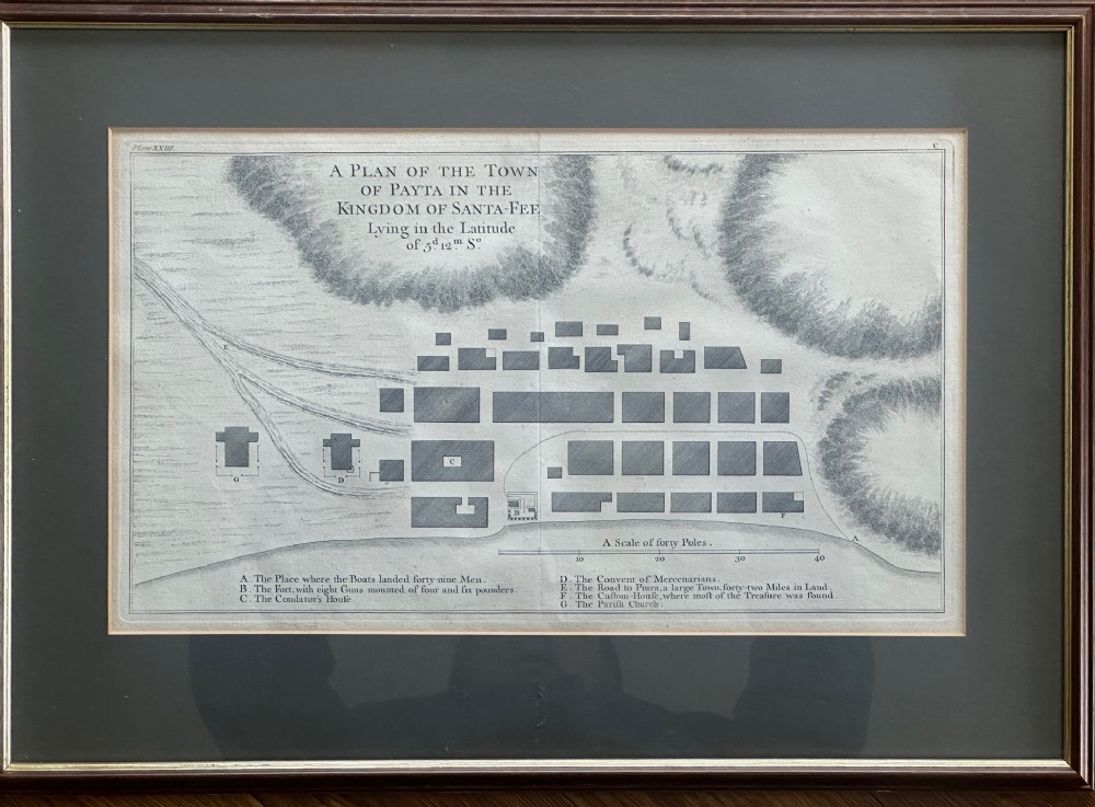 An 18th-century black and white copperplate engraving detailing an architectural grid plan of the town of Payta with a lettered legend at the base. View XII