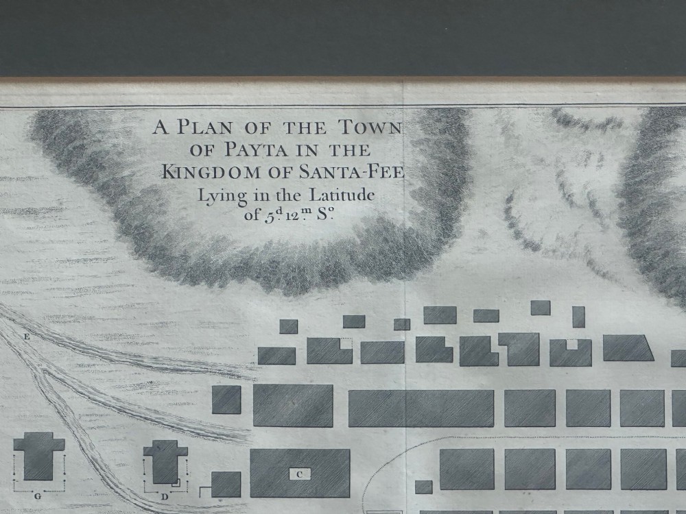 An 18th-century black and white copperplate engraving detailing an architectural grid plan of the town of Payta with a lettered legend at the base. View XIII