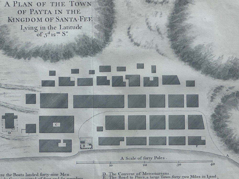 An 18th-century black and white copperplate engraving detailing an architectural grid plan of the town of Payta with a lettered legend at the base. View XIV