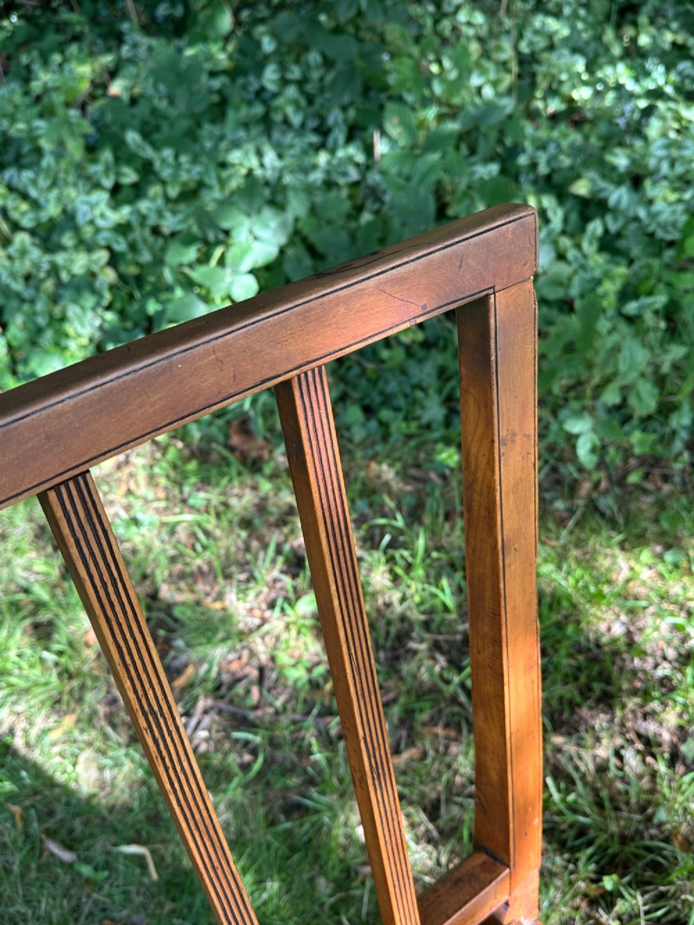 A George III solid birch side chair featuring a vertical reeded slat back, patterned geometric fabric seat, and square tapered legs with stretchers. View VIII
