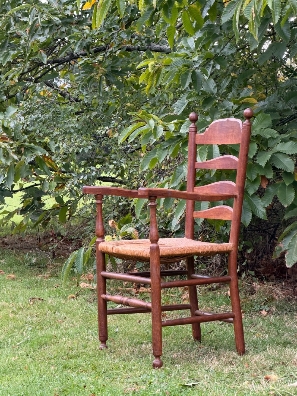 An early 20th-century Anglo-Indian armchair made of medium brown teak with a ladder back, turned front legs, shaped armrests, and a woven rush seat.