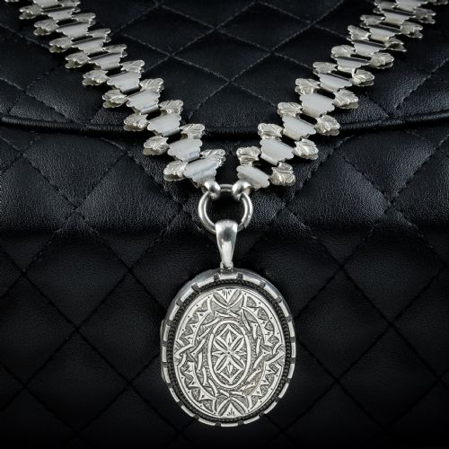 Antique Victorian Silver Locket And Collar Necklace