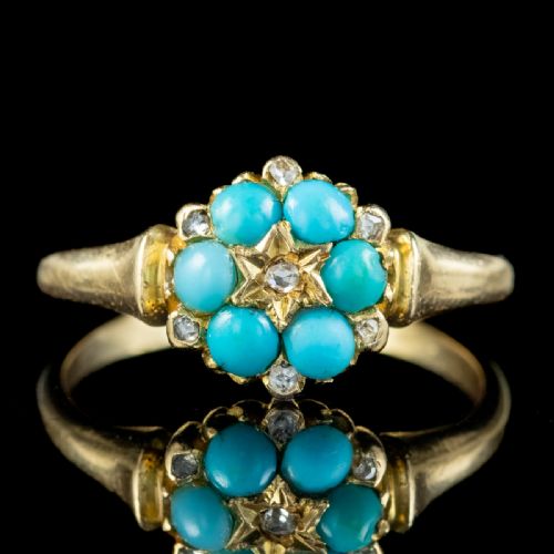 Antique Victorian Turquoise Diamond Flower Ring Dated 1871