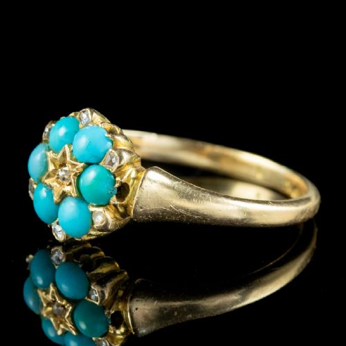 fig 2. A Victorian gold ring featuring a floral cluster of bright blue turquoise cabochons surrounding a star-set central diamond.