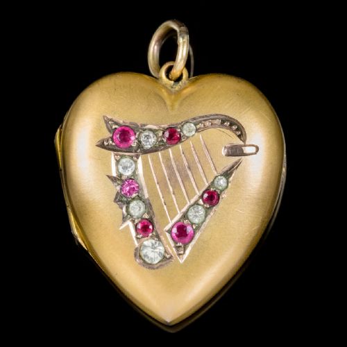 Antique Victorian Paste Lyre Heart Locket 9ct Gold Back And Front Circa 1900