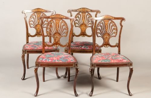 Set of 4 Edwardian Ivorine and Stained Wood Inlaid Chairs