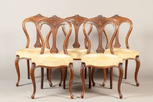 Set of 5 Victorian Walnut Cabriole Leg Dining Chairs