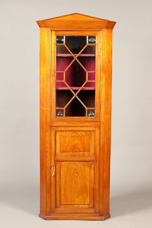 Unusual Faded Mahogany Full Height Corner Cabinet