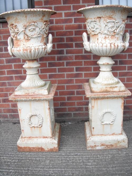 Large Pair of Cast Iron Garden Urns