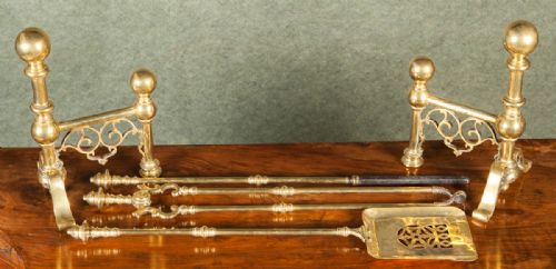 Pair of Victorian Brass Fire Dogs and Fire Irons