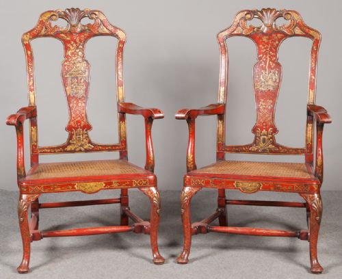 Pair of George I Style Scarlet Japanned Armchairs